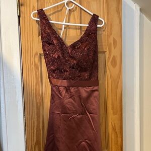 Oleg Cassini Burgundy Satin and Lace Prom Dress